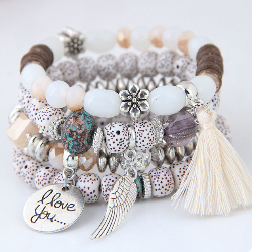 Beaded Bracelet, Multi-Layer Beaded Bracelet, Bohemian Stackable Bracelets, Elastic Bracelet, Tassel Bracelet