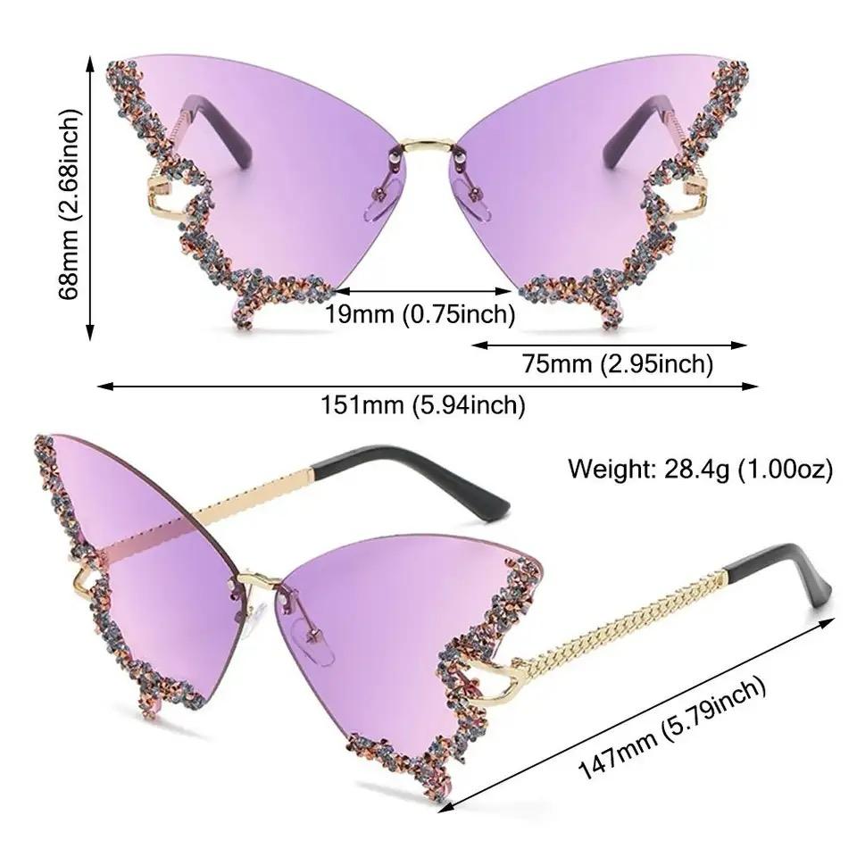Diamond Butterfly Sunglasses Sparkling Rhinestone Rimless Sun Glasses Ladies Eyewear