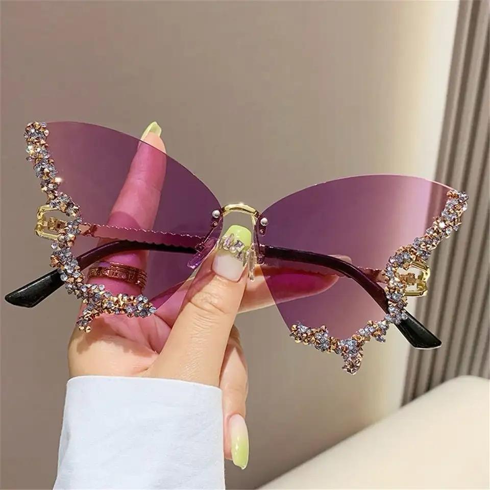 Diamond Butterfly Sunglasses Sparkling Rhinestone Rimless Sun Glasses Ladies Eyewear