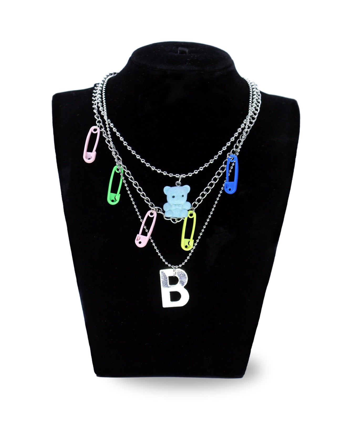 "Rainbow Pins: A Colorful Multilayer Chain Necklace"