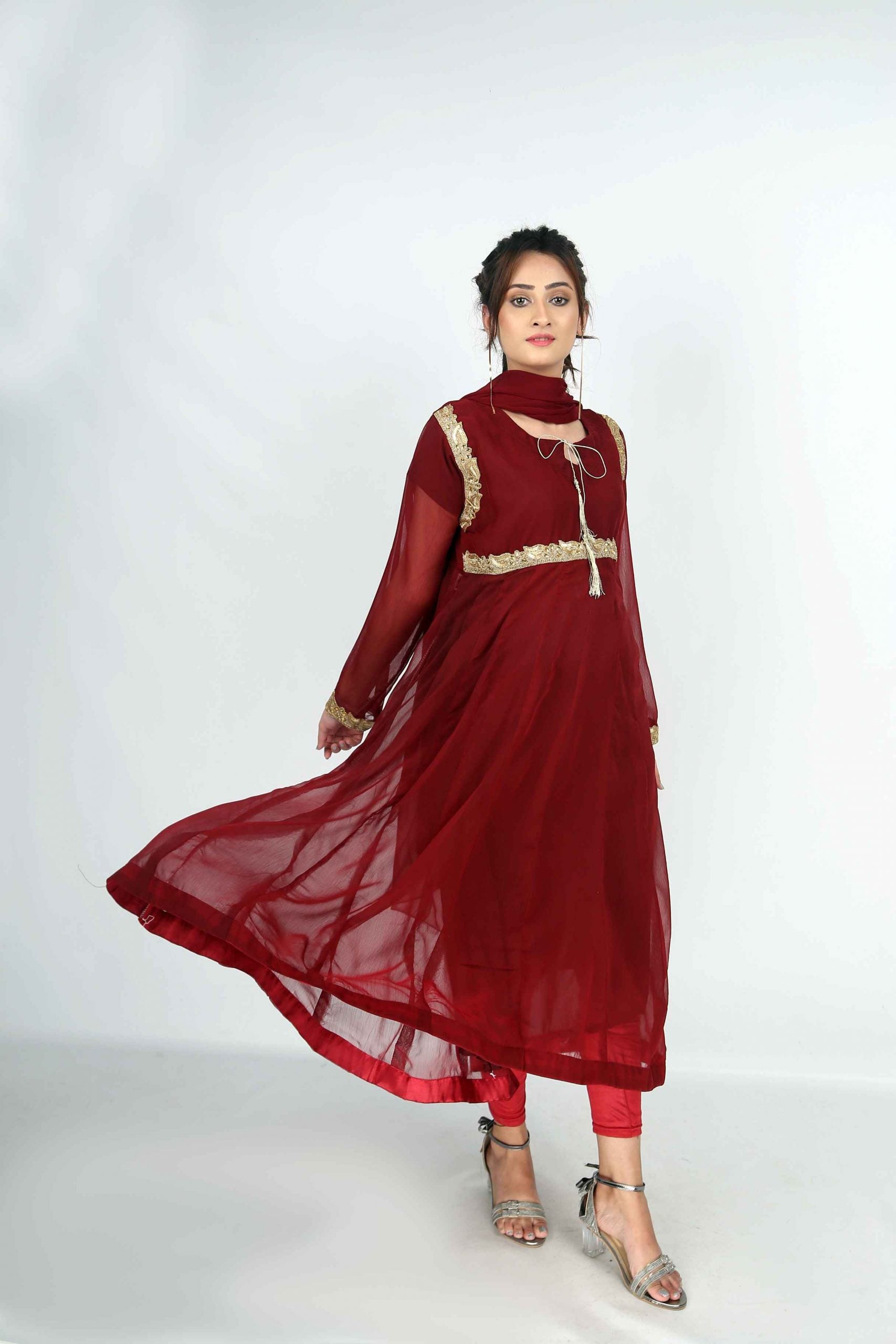 Long Sleeve Chiffon Lace Dress( Red color)