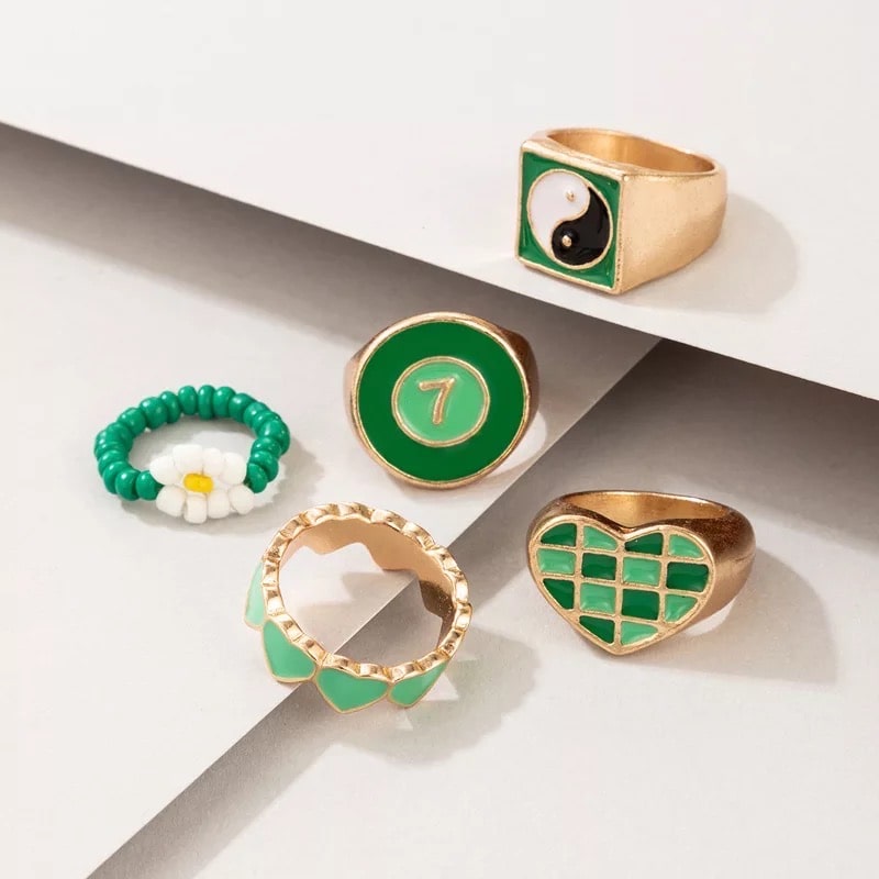 5 Pcs Greenish Enamel Ring
