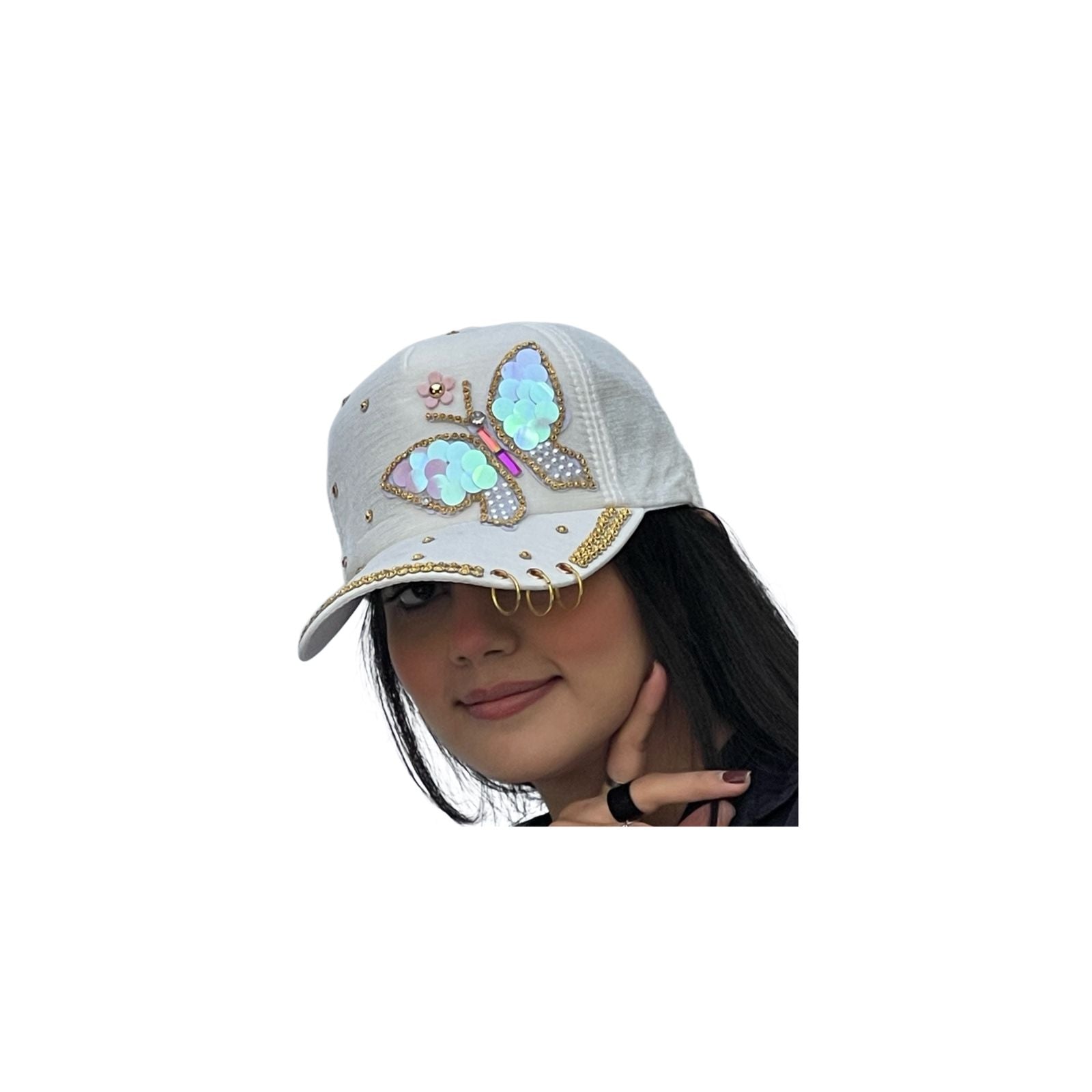 Butterfly Colorful Full Crystal 3D Trucker Hat Cotton Shiny Metal Rings Hip Hop Snapback Cap Summer Cap