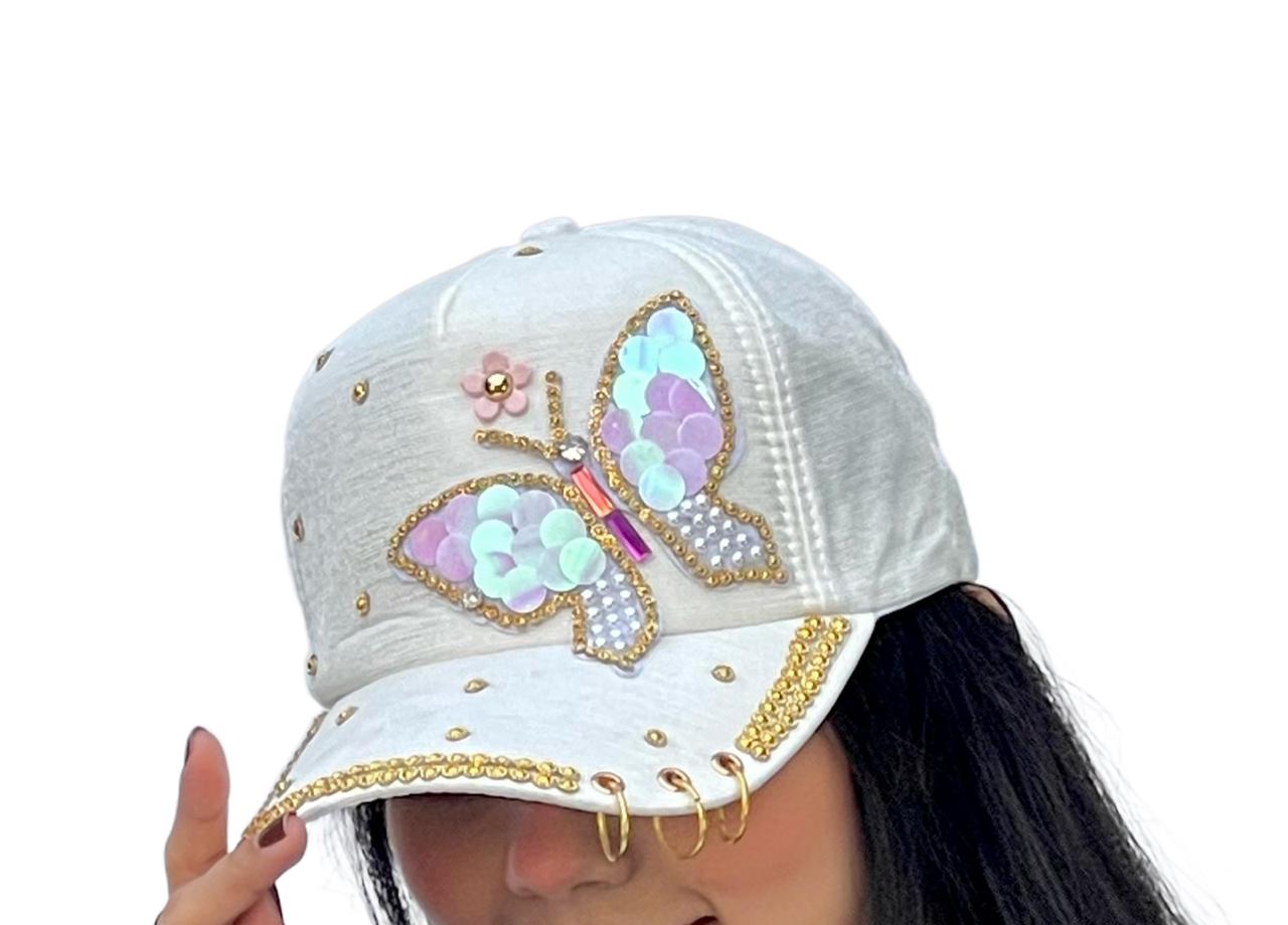 Butterfly Colorful Full Crystal 3D Trucker Hat Cotton Shiny Metal Rings Hip Hop Snapback Cap Summer Cap