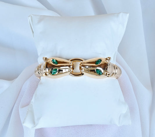 GOLD METAL ANIMAL HEAD BANGLE GREEN STONES