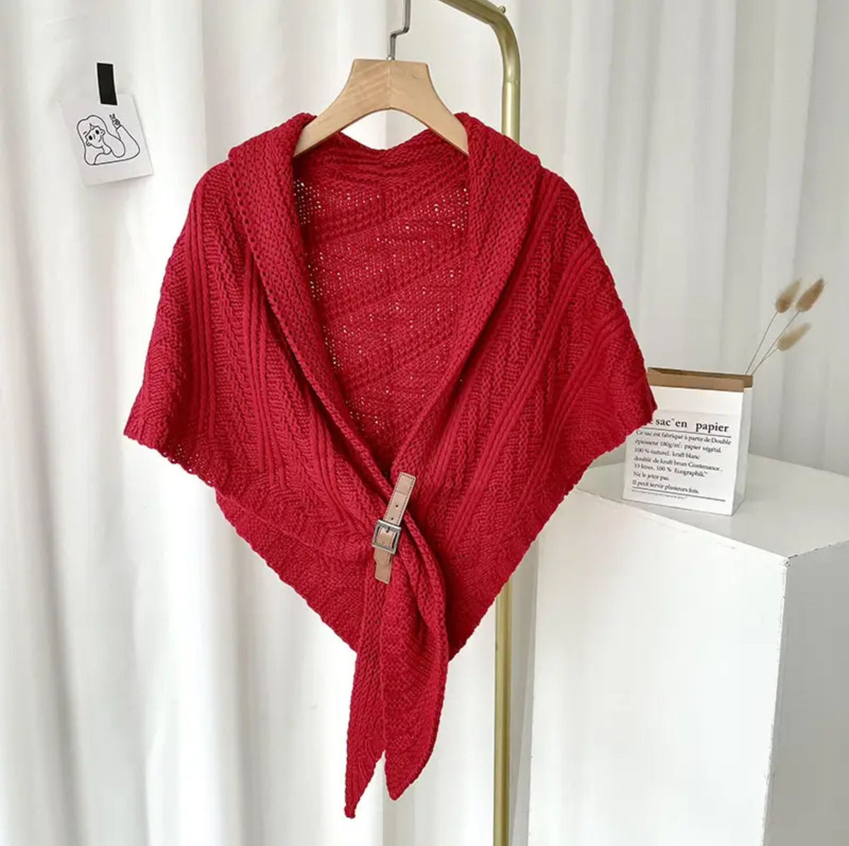 Autumn and Winter Leather Knitted Triangle Scarf with Heart Chain Leather Buckle Wool Shawl Scarf Jacket