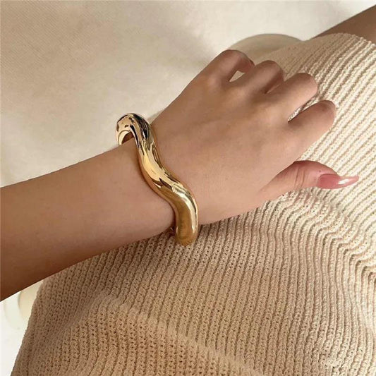 Over Plain gold Open Wave Curved  Cuff Bangle