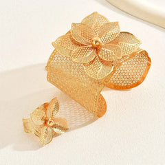 Bangle Plus Ring Vintage Jewelry Set Trendy Golden Flower Design 24k Gold Plated Match Daily Outfits Stunning Party Accessories