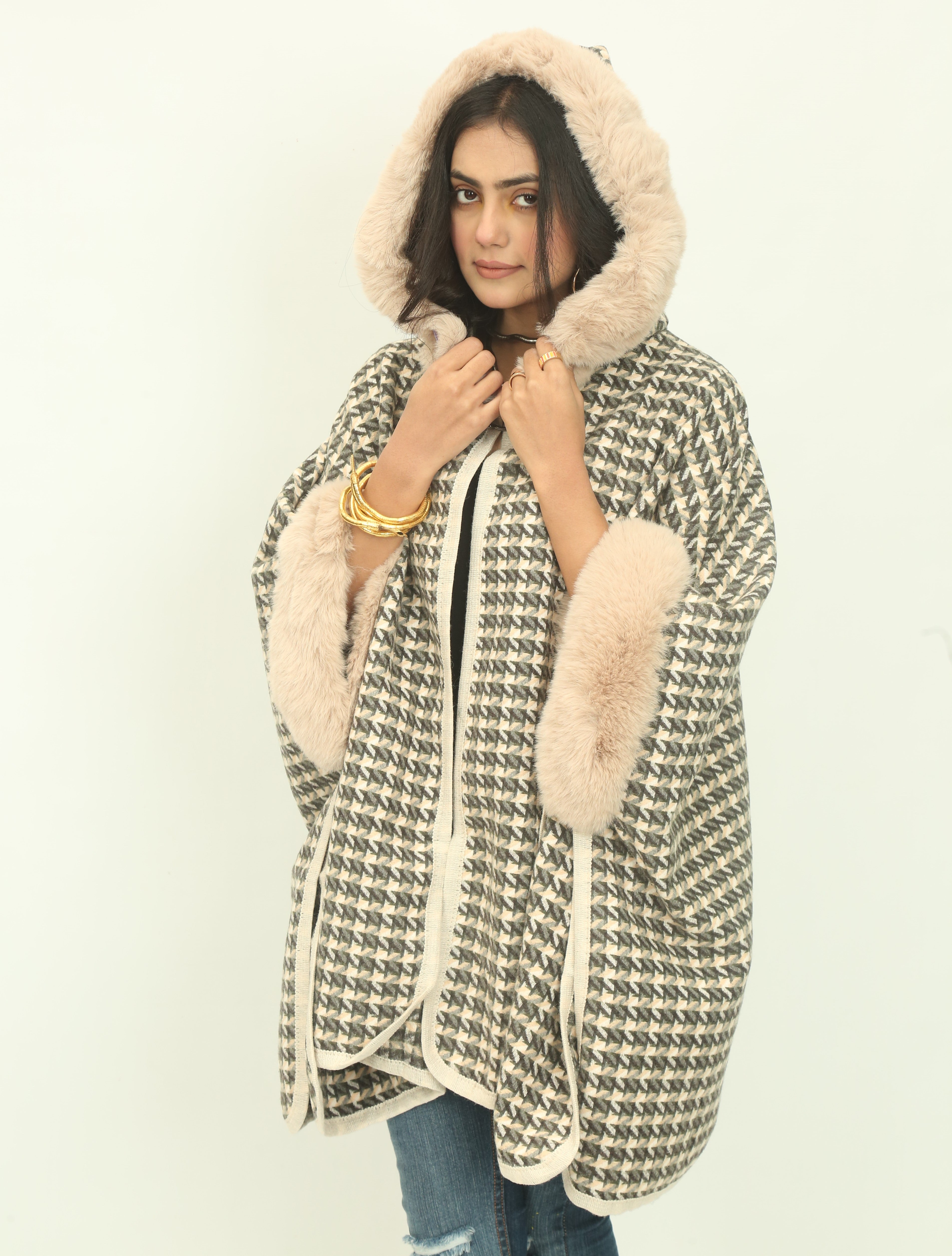 Hooded Fur Cape Shawl