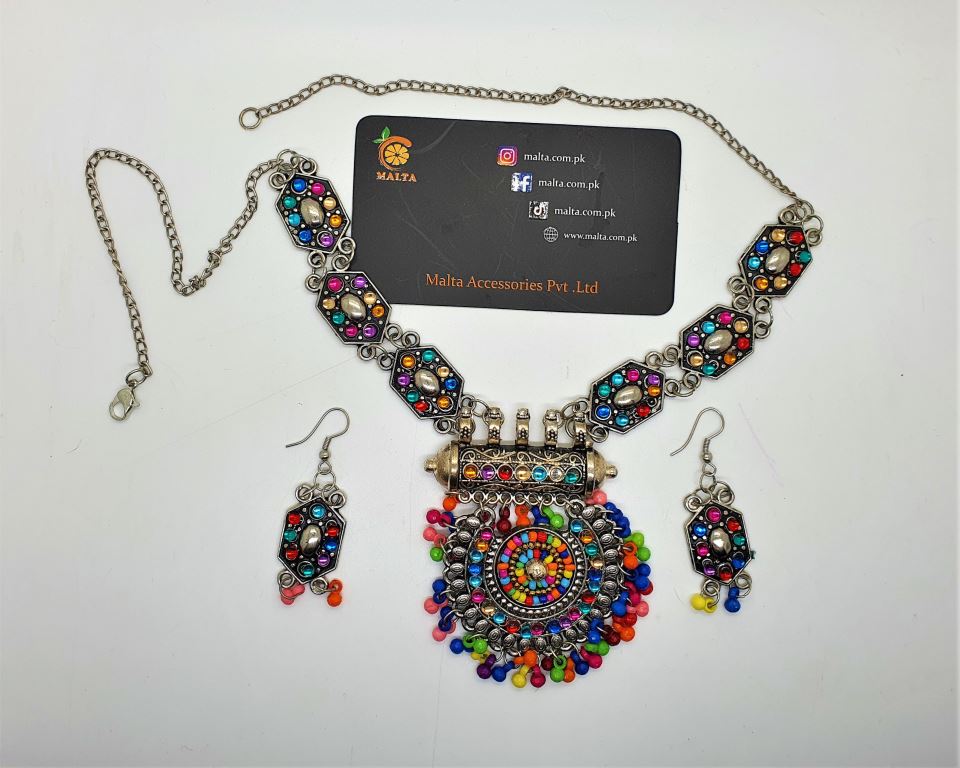 Silver Multi Colour Neck piece with earings