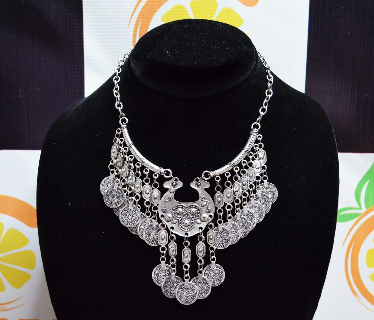 Silver coin Necklace, Tribal Necklace, Boho Necklace, Vintage Jewellery -(01-01-01-01-41)-