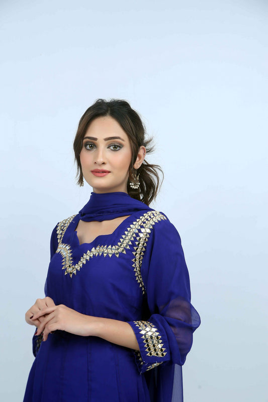 Blue with Embroidery & Mirror work Maxi