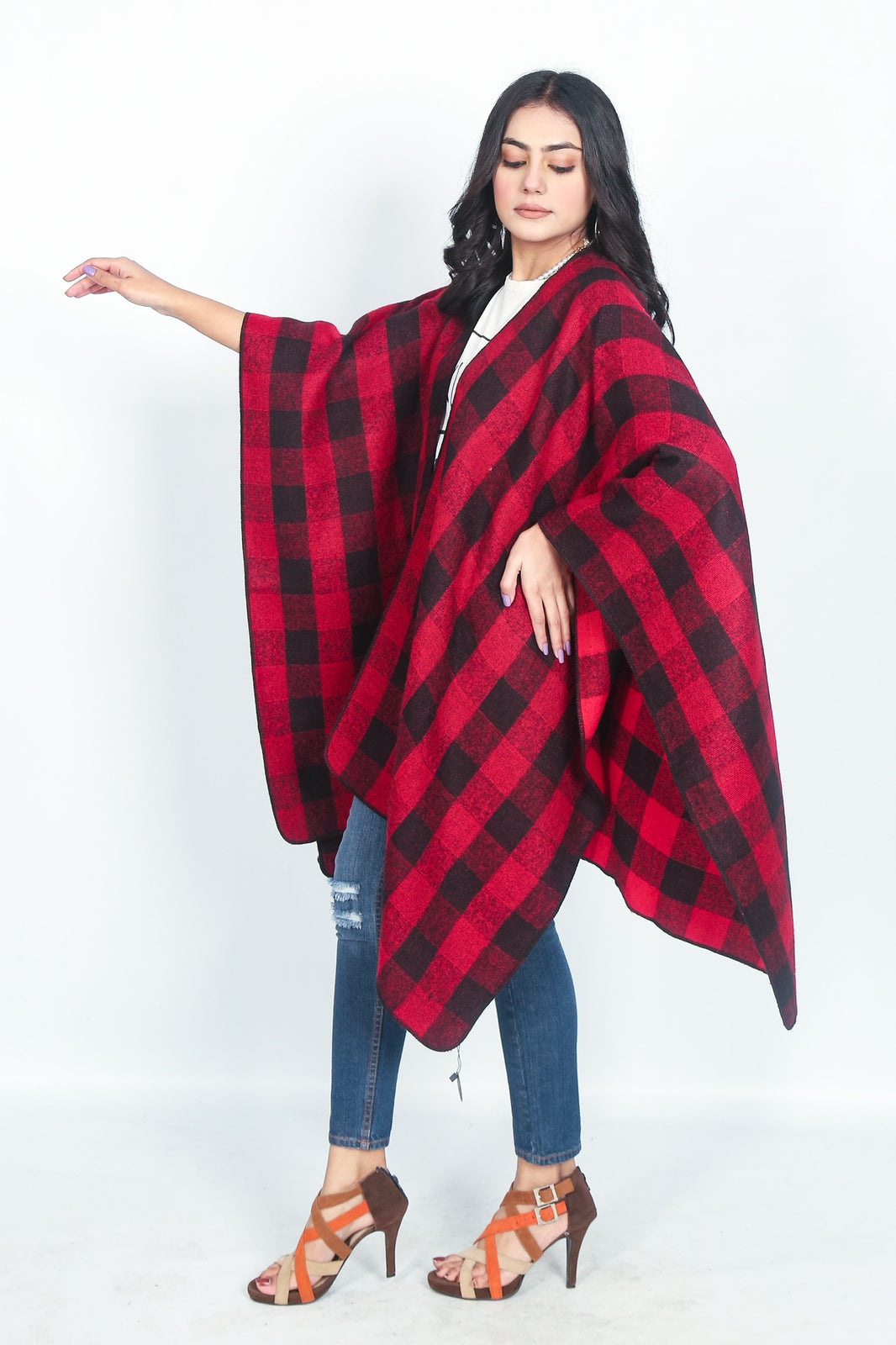 Red Checked Cape Shawl