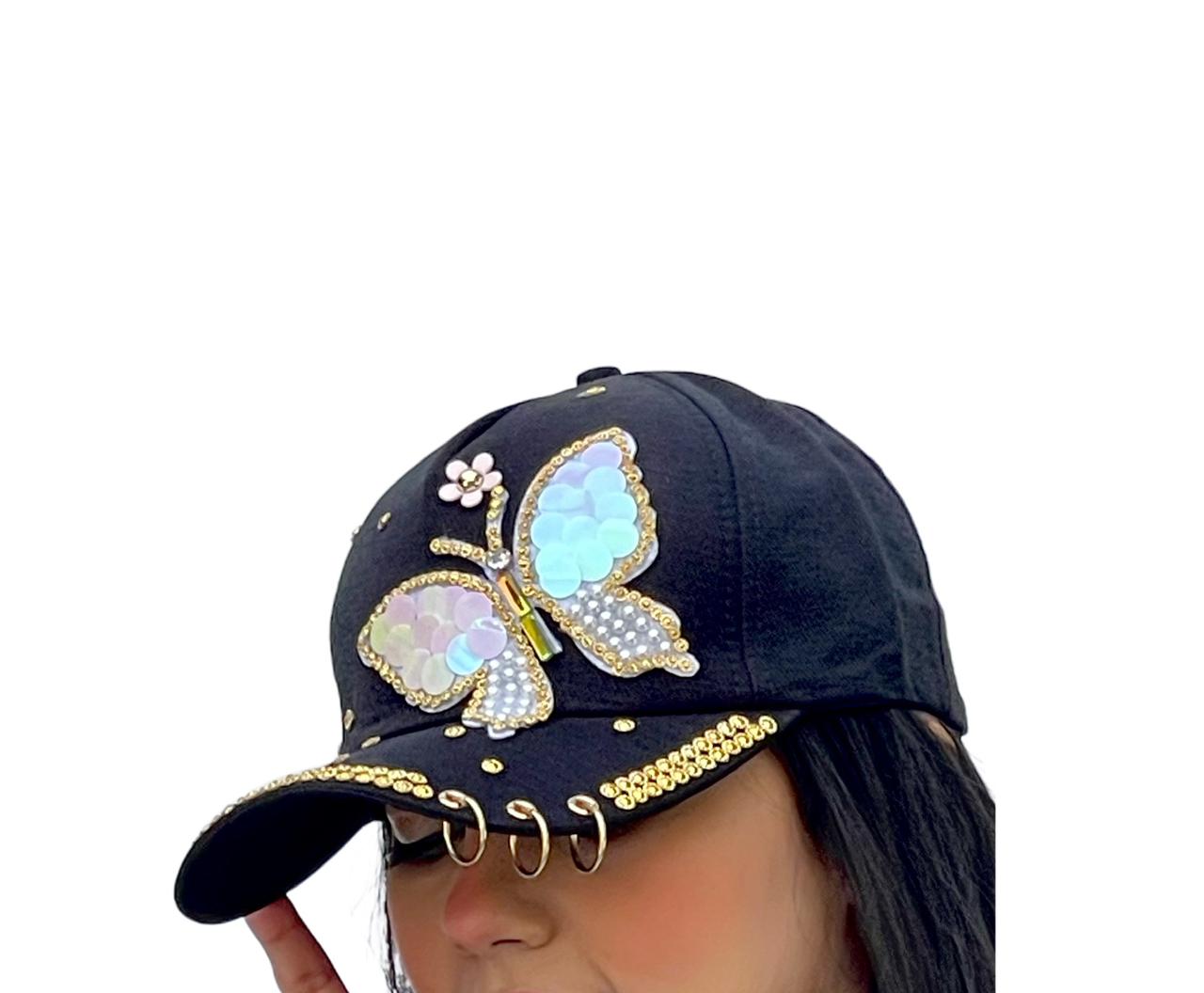 Butterfly Colorful Full Crystal 3D Trucker Hat Cotton Shiny Metal Rings Hip Hop Snapback Cap Summer Cap